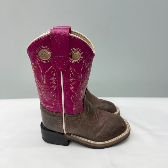 Old West Pink Brown Leather Cowboy Cowgirl Boots Toddler Girls 5 Square Toe - Picture 3 of 7